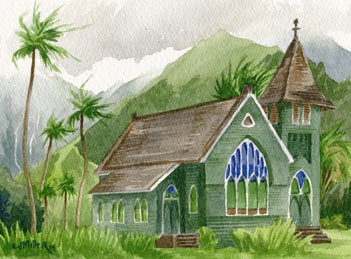 Hanalei green church painting, Waioli Huiia Church, Hanalei Kauai church artwork by Emily Miller