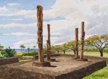 Kaneiolouma heiau painting, Poipu Kauai heiau artwork by Emily Miller